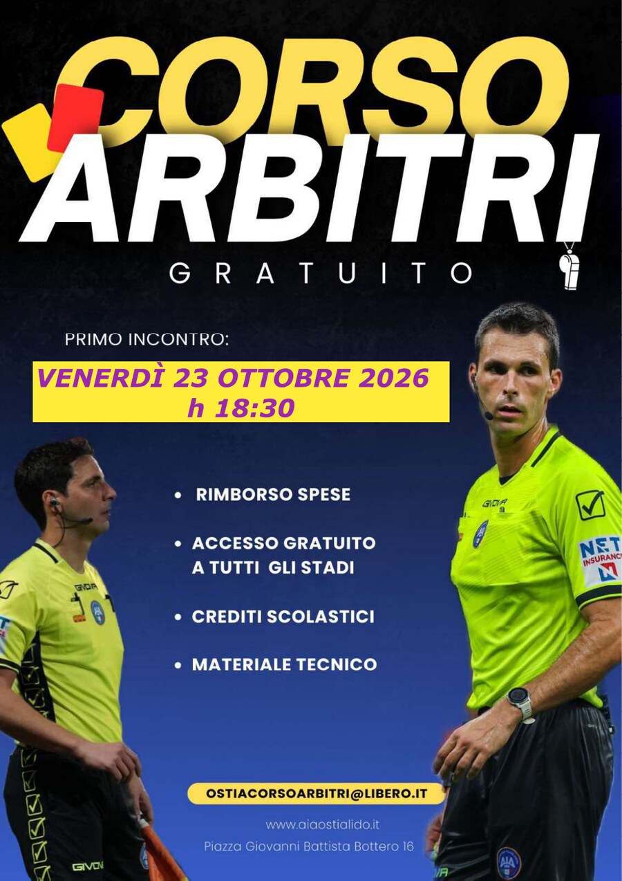 Locandina del Corso Arbitri gratuito 2026/2027 della Sezione AIA di Ostia Lido
